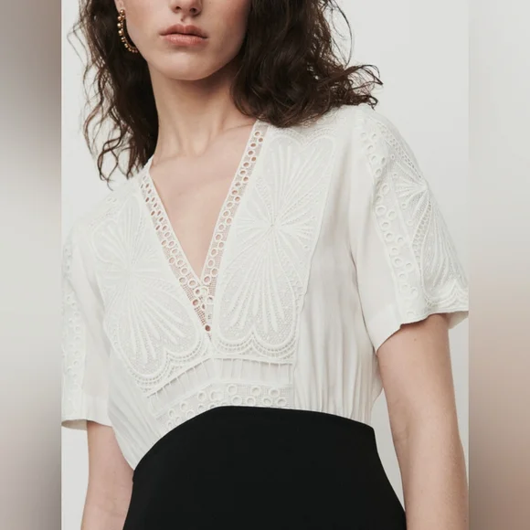 Maje Ravelle Lace-Inset Ceep V Neck Colorblock Mini Dress Ptp 17" Sz 3 UK / L US - Picture 4 of 16